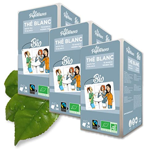 Les Papoteuses | Tè bianco bio pregiato | 72 Bustine | Certificato biologico e commercio equo & solidale | Cofanetto di 3 confezioni te e tisane regalo da 24 bustine di foglie di white tea