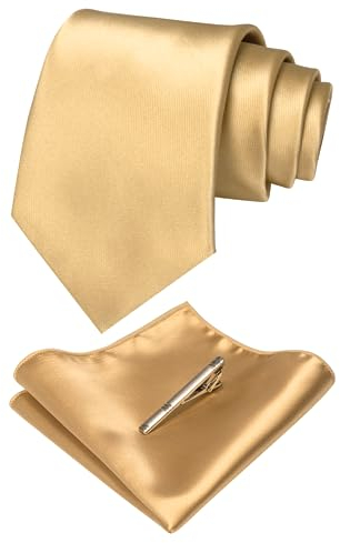 JEMYGINS Cravate Homme Doré en Soie Brillant Tissu doux Mariage et Pinces à cravate et Carre de poche Ensemble Compris boîte(8)