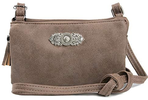 Enzianblau Trachten: Tasche in Leder-Optik mit Ornamentbrosche, Trachtencluch, Oktoberfest Tasche zum Dirndl (braun)