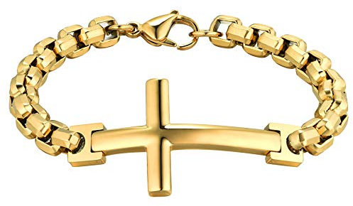 Flongo Herrenarmband Männer Rosenkranz Kette Armkette aus Edelstahl Armband Armreif Panzerkette Kreuz Kruzifix Gold Golden Biker Herren-Accessoires