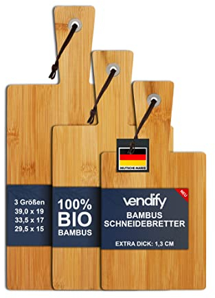 vendify® Premium Schneidebrett Bambus hochwertig 3er Set - 3 Größen - 39 x 19 x 1,3 cm Hackbrett Brotbrett Küchenbrett, antiseptisches Schneidebrett Holz mit Griff Aufhängen, Fleisch, Gemüse