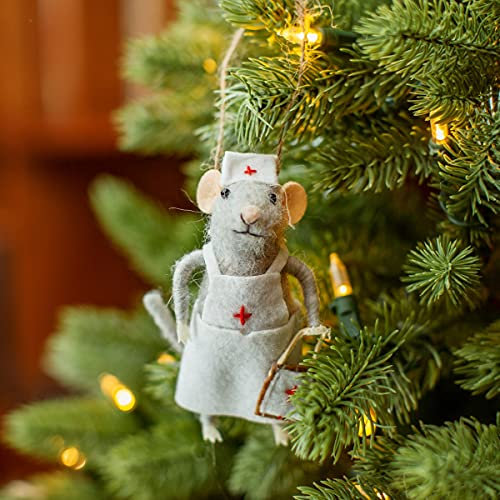 Sass & Belle Ornement de Noël en feutre en forme de souris d'infirmière, Collection Christmas Fun, Blanc, Suspendu, 11 x 5 x 11 cm, Noël