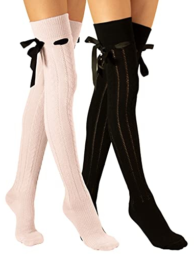 Molton Marley 2er-Pack lange Overknee-Oberschenkelhohe lange Socken, Schleife und Band, Baumwollstrick, Mädchen und Damen, Vanille, Schwarz, Small-Medium