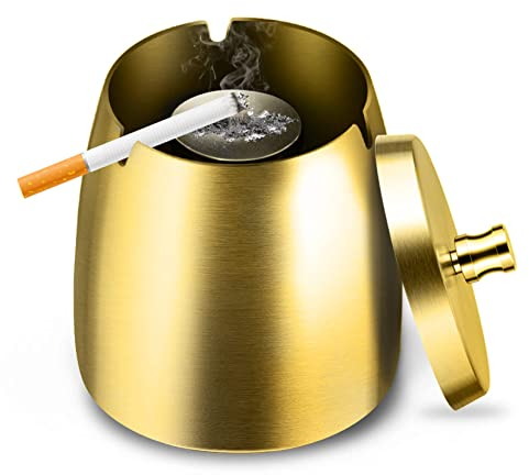 GothicBride Aschenbecher Edelstahl mit Deckel Schwerer Aschenbecher Sturm-Wind Rutschfestem Basis für Draußen und Innen Silber für Zigaretten-Reste und Asche in Garten Bar Büro (Gold-M-10X8X10)