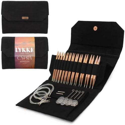 Lykke Cypra Copper 12,7 cm austauschbare Stricknadeln-Set (US 4-17) in schwarzem veganem Wildlederetui, blau, gold