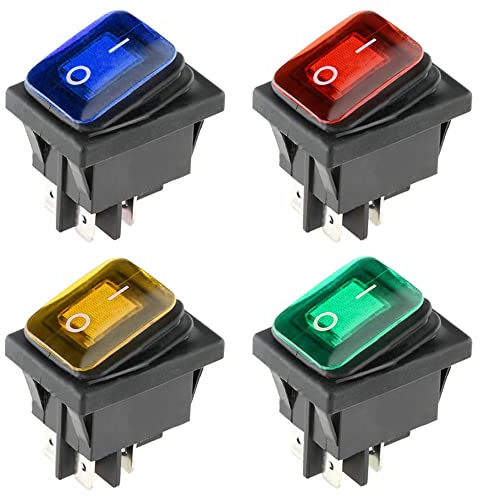 ETOPARS 4 Stück 12V 20A Kippschalter Auto KFZ Runde Wippschalter Blau Rot Grün Gelb Beleuchtet Nebel Licht EIN/AUS Schalter Druckschalter Taste Wasserdicht 4 Polig DPST