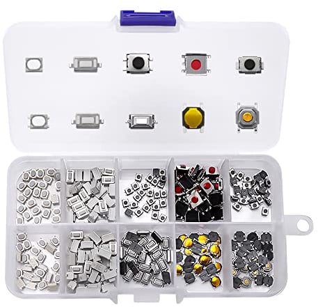 VooGenzek 250 Piezas 10 Tipos Táctil Botón Microinterruptor Táctil Surtido Kit, Electronica Microinterruptores Pulsador, para Coche Control Remoto Llave, con Caja de Plástico
