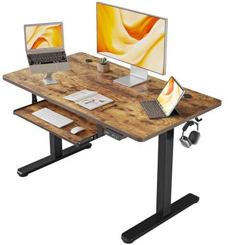 FEZIBO Height Adjustable Electric Standing Desk with Keyboard Tray, 100 x 60 cm Sit Stand up Desk with Splice Board, Black Frame/Rustic Brown Top