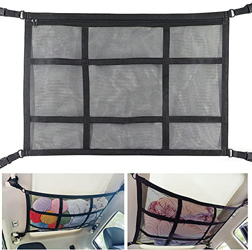 54 x 80cm Car Ceiling Cargo Nets Pocket, Adjustable Car Roof Cargo Net Mesh Bag, Double-Layer Mesh Cars Ceiling Storage Nets for Long Road Trip (Black)