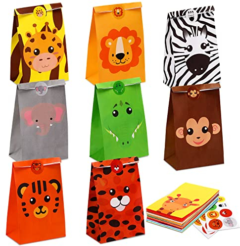 24 Sacchetti da Regalo per Festa a Tema Giungla Bomboniere per Bambini Buste Colorate in Carta con Animali di Safari per Caramelle con Adesivi Decorazioni per Festa di Compleanno a Tema Zoo