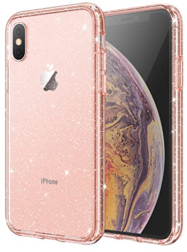 JETech Glitzer Hülle für iPhone XS/X, 5,8 Zoll, Bling Glitter Stoßfeste Stoßstange Handyhülle, Niedliche Glitzernde für Frauen und Mädchen (Roségold)