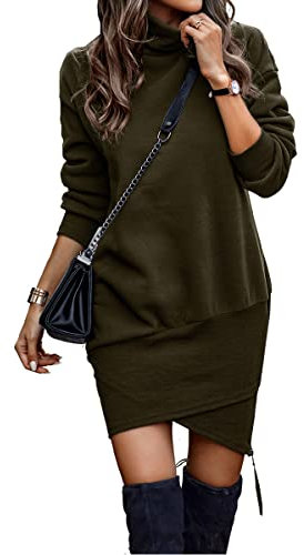 ABYOVRT Strickkleid Damen Kleider Lang Rollkragen Pulloverkleid Sweatkleid Langarm Sweatshirt Pullikleid Herbst Winter,Armeegrün,XL
