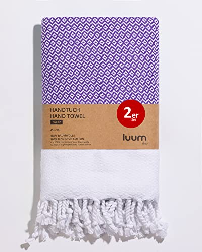 Luum® 2er Hamam Handtücher Set, Sport Handtuch Set, Turkish Towel Set, Haar Handtuch Set, 100% ringgesponnene Baumwolle, schnelltrocknend, fusselfrei, Lila, 45x95, Geschenkset