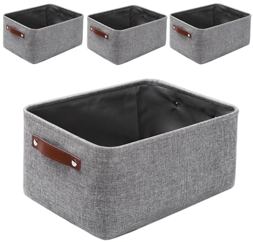 Mangata Faltbare Aufbewahrungskörbe mit Ledergriff,[4 Pack] Verdicktes Canvas-Stoff Aufbewahrungsbox für Spielzeug, Kleidung, Zuhause, Wäsche (Grau, große)