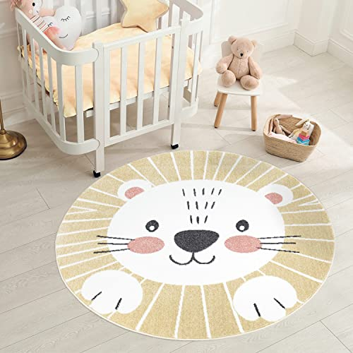 carpet city Teppich Kinderzimmer Tier-Motiv 120 cm Rund - Gelb - Runder Kinderteppich Kurzflor mit Löwe - Weicher Flor