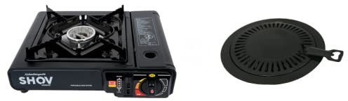 SHOV Gaskocher Campingkocher klein mit Grillaufsatz und Tragekoffer/Aufbewahrungskoffer 2,2KW in schwarz