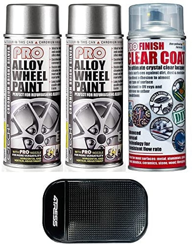 4TRESS E Tech 2 x 400ml PRO Chromium Bright Silver Alloy Wheel Spray Paint (701), 1 x 400ml Pro Series Alloy Wheel and General Lacquer Paint (3 Cans in Total) with Non Slip Car Dash Mat