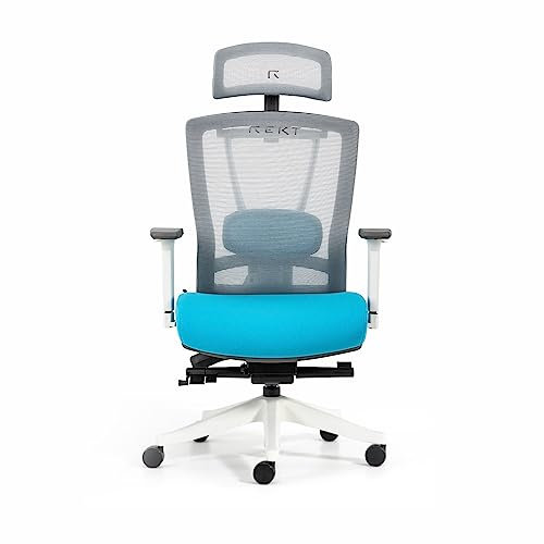 REKT Office-R - Chaise de Bureau Ergonomique - 12 régalges - Fauteuil de Bureau avec Support Lombaire - Appuie tête - Profondeur d'assise - Assise 55Kg/M3 Confort (Blanc/Bleu)