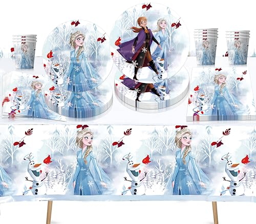61 Stück Frozen Partygeschirr Geburtstag, Frozen Geburtstagsdeko, Kindergeburtstag Party Tableware Supplies Enthalten Teller, Papierserviette,Tasse,Tischdecke - für 20 Gäste