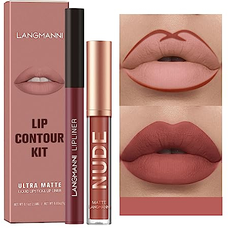 2Pcs Lip Liner und Lippenstift Set, Matte Lippenkonturenstift Lippenstift Makeup Kits, Pigment Samtig Nude Lippenfleck Wasserfestes langanhaltendes Lipgloss Make up Geschenkset (#05)
