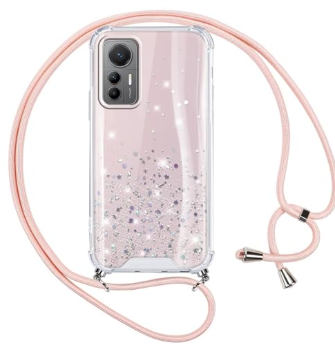 Vauki Cover con Cordino per Xiaomi 12 Lite, Custodia Glitter Rosa con Collare Assorbente Urti, Rosa