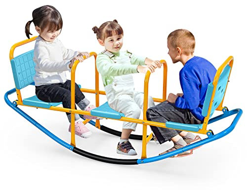 COSTWAY Balançoire à Bascule en Métal pour 3 Enfants avec Dossier & Sièges, Bascule Enfants avec Poignées, Construction Robuste, Intérieur Extérieur, Charge 100kg pour 3 Enfants de 3-8 Ans (Bleu)…