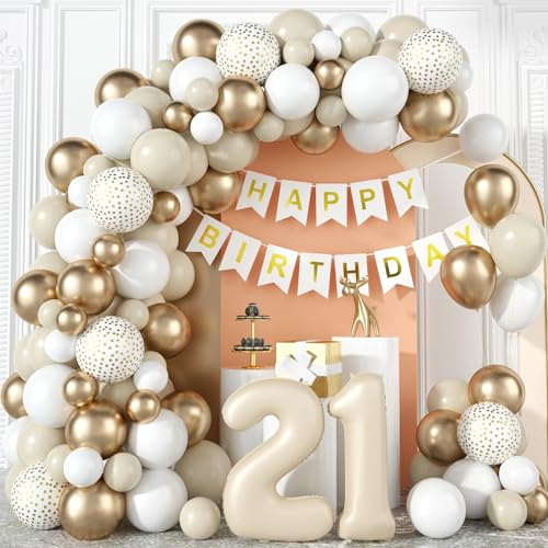 21 Geburtstag Deko Frau Beige Gold 21 Jahre Geburtstag Party Deko Boho Sandweiß Metallic Champagner Gold Luftballons Girlande Kit mit Creme Zahl Folienballon Happy Birthday Banner zum Mädchen Jubiläum