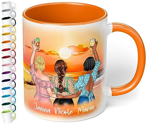 True Statements Keramik-Tasse für beste Freundinnen „Drei Freundinnen am Strand“ – 330ml Kaffeetasse personalisiert mit Namen & Aussehen - BFF best friends - Geschenke Geburtstag Weihnachten (Orange)