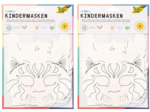 folia 23209 - Kindermasken Tiere aus Pappe, Motive sortiert, 6 Stück, weiß, zum selbst Bemalen und Gestalten, für Kinder, Jungen und Mädchen, ideal für Kindergeburtstage und Partys (Packung mit 2)