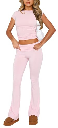 Himllauen Damen Zweiteiler Outfit Slim Fit Langarmshirt T-Shirt + Lange Hose 2tlg Elegant Hosenanzug Y2k Clothes Sport Yoga Trainingsanzug Lounge Set (A1 Kurzarm Tshirt Rosa, M)