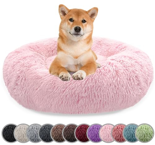 bluzelle Hundebett für Mittelgroße Hunde, 80cm Hundekissen Rund Donut Kissen Hundekorb Flauschig Plüsch, Ergonomisch Bezug Waschbar rutschfest Weich Kunstfell, Farbe:Hell-Rosa