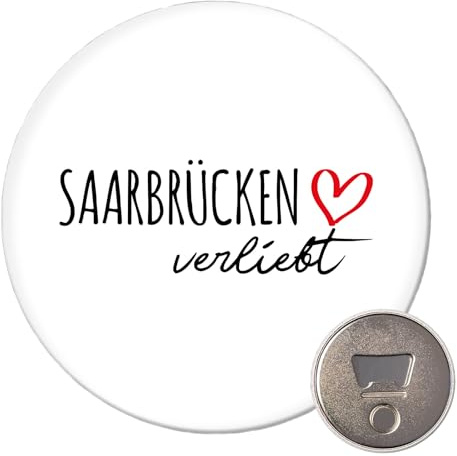 Huuraa Magnet Saarbrücken verliebt Geschenk | 59mm Kühlschrankmagnet rund Flaschenöffner Geschenkidee dekorativer Magnet für Magnettafel, Kühlschrank oder Whiteboard