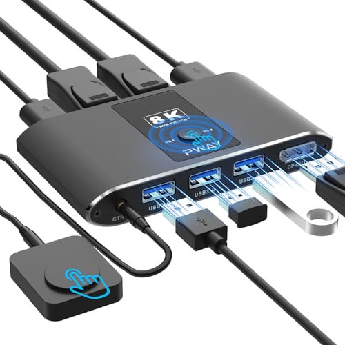 8K @ 60Hz Displayport KVM Switch, DP 1.4 KVM Switch 2 PC 1 Monitor, 4K @ 240Hz, 3 Port USB 3.0 Switch,USB Switches for Keyboard, Mouse, Hard Drive, Printer