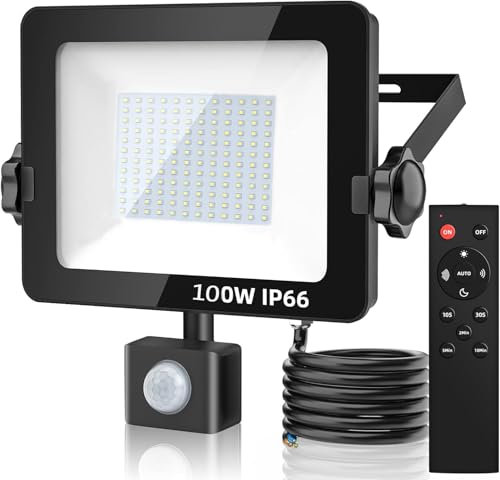 Aomeya Motion Sensor Outdoor Security Light, 100W 8750 Lumen LED Floodlights with PIR Sensor, IP66 Waterproof Motion Sensor Outdoor Wall Light with Remote Control for Garden, Backyard, Garage (100W)