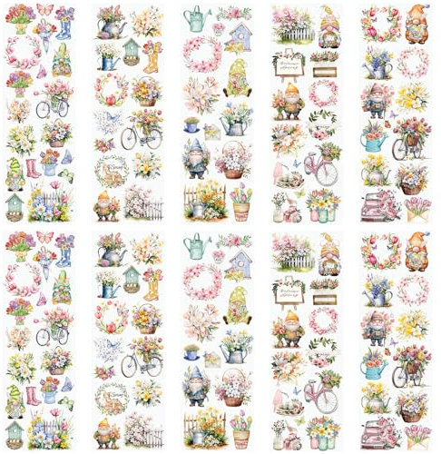 WANDIC 10 Blatt Transfer-Aufkleber, Frühlingsblumen-Aufkleber, Rose, Tulpe, Zwergpuppe, Aufkleber für DIY, Scrapbooking, Fotoalben, Möbel, 30 x 9,9 cm