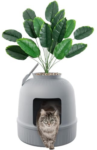 Lifewit Katzenklo mit Kunstpflanze und Schaufel für große Katzen, verstecktes Katzenklo mit Geruchskontrolle & Kohlefilter im Wohnzimmer/Schlafzimmer/Badezimmer, Grau