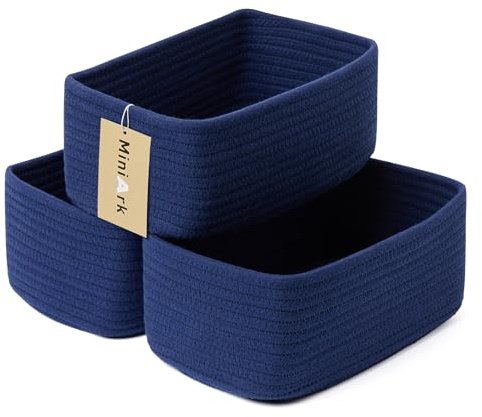 MiniArk Small Storage Baskets for Organizing | Closet Organizer Bins | Shelf Toy Basket | Woven Rope Baskets | Cube Decorative Box | Shallow Basket | 11.5x7.5x4.7” | 3 Packs Navy Blue