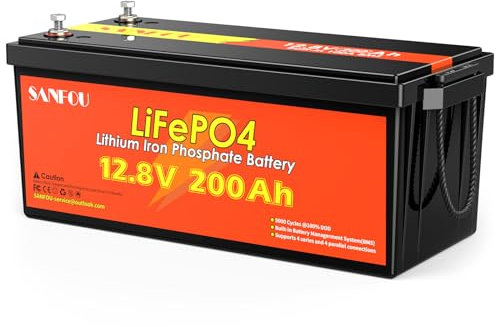 SANFOU Batteria LiFePO4 12,8V 200Ah, Batteria al Litio 2560Wh con BMS 100A, Batteria a Ciclo Profondo 5000-15000 volte, Supporto 4S4P, Perfetta come fonte di alimentazione per camper