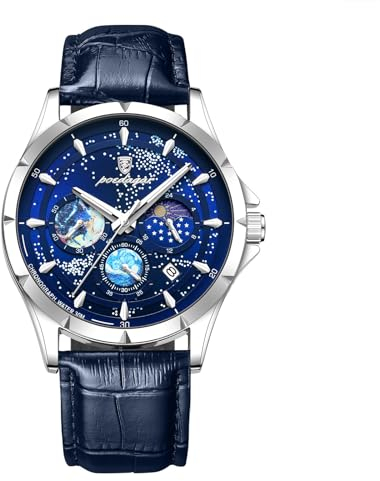 Silverora Uhren Herren Lederarmband Multifunktion: 3ATM Wasserdicht Kalender Chronograph Analoge Quarz Herrenuhren Sternenhimmel Armbanduhren mit leuchtende Skala Zeiger Geschenke für Männer Blau