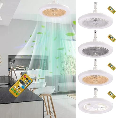 Screw in Ceiling Fan in Light Socket Dimmable Socket Fan Small Ceiling Fan with Light, Plug in Light Bulb Ceiling Fan with Remote Perfect for Small Rooms, RVs, and Restaurants (Yellow) (Gray)