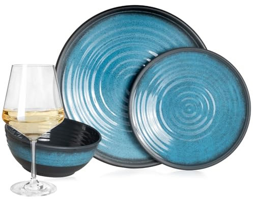 Vaisselle de camping en mélamine pour 4 personnes Bleu pierre + 4 verres à vin Milano Blanc