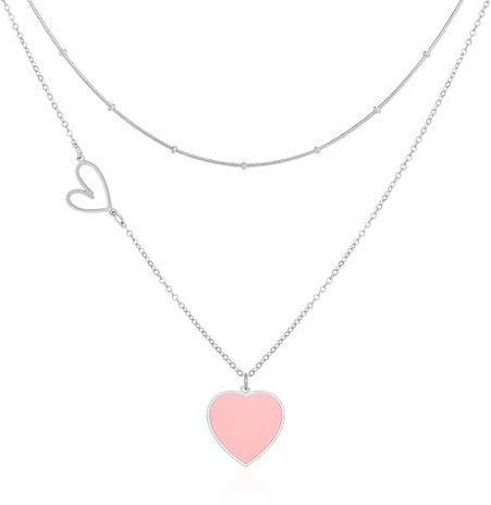 Linawe Pink Herzkette Herz Kette Halskette Damen, Silberkette Kettenanhänger Silber Edelstahlkette Edelstahl Schmuck Schmucksets Jewelry, Rosa Kette mit Anhänger, Trachtenschmuck