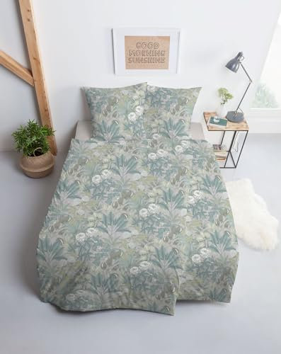 ESTELLA Mako Jersey Bettwäsche 135x200 Florentin grau Blütenmeer grün 6219-810