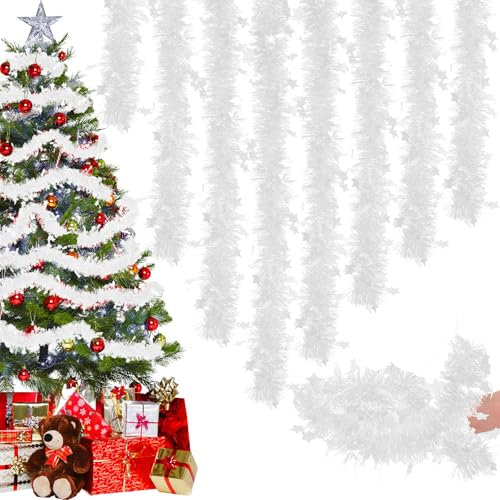 Lametta Weihnachtsbaum, 8PCS×2M Weihnachtsgirlande Lametta Girlande Weihnachten Outdoor Christmas Garland 16M Weihnachtsgirlanden Mit Sternen Verziert Weihnachtsdeko Girlande Christbaum Deko Weiß