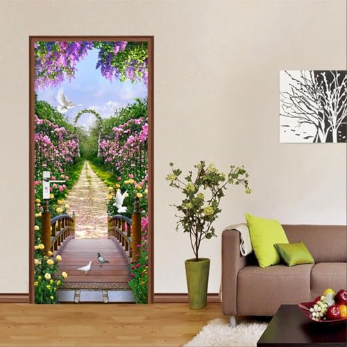 Türtapete Selbstklebend TürPoster Garten Blumen Landschaft 3D Türaufkleber Wasserfest Türfolie für Schlafzimmer 86x200cm PVC Türaufkleber Fototapeten Wohnzimmer Abnehmbare Poster Art Aufkleber