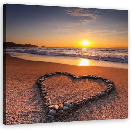Feeby Leinwand Bilder - Herz Liebe Strand - Canvas 40x40 cm - Deko Wohnzimmer - Wandbilder Schlafzimmer - Deko Aesthetic - Wand Deko - Leinwand Groß - Deko Zimmer - Leinwandbilder XXL