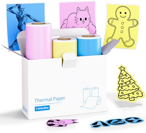 vretti 3 Rollen Thermodrucker Papier, 57x30mm Mini Drucker Aufkleber, Selbstklebende Aufkleber für TP6-S/TP2-Y/TP6 Mini Fotodrucker für Foto, Studie, Journal, Notiz, Liste (Gelb, Rosa, Blau)