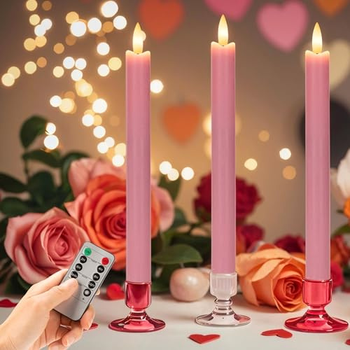 SEHNSY Flameless Taper Candles with Remote, Real Wax Battery Operated LED Candles Set with 3D Flickering Flame, 9.6 Realistic Dripless Candlesticks for Valentine's Day Decor, 3 Pack Pink