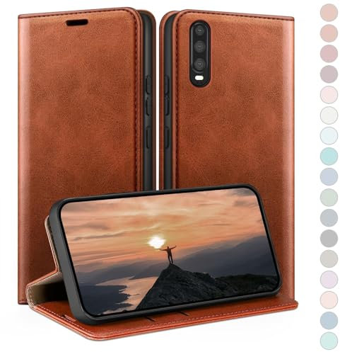 HUOUH für Huawei P30 Hülle mit RFID Schutzhülle aus Lederhülle Handyhülle,Kartenfach Leder ständer Handy hülle,360 Grad Schutz Cover für Huawei P30 Klapphülle Wallet Case Hellbraun