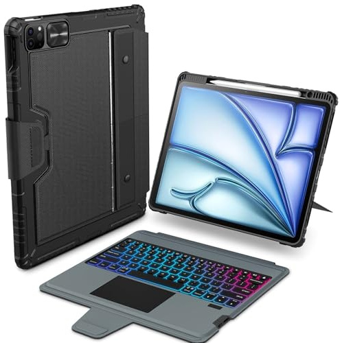 Nillkin iPad Air 11 Zoll Hülle mit Tastatur(M3 2025/M2 2024),Robuste Tastaturhülle mit Kamerabedeckung,Abnehmbar,Mehrstufige Verstellbar,Multi-Touch-Trackpad,7-Farben Hintergrundbeleuchtung,Schwarz